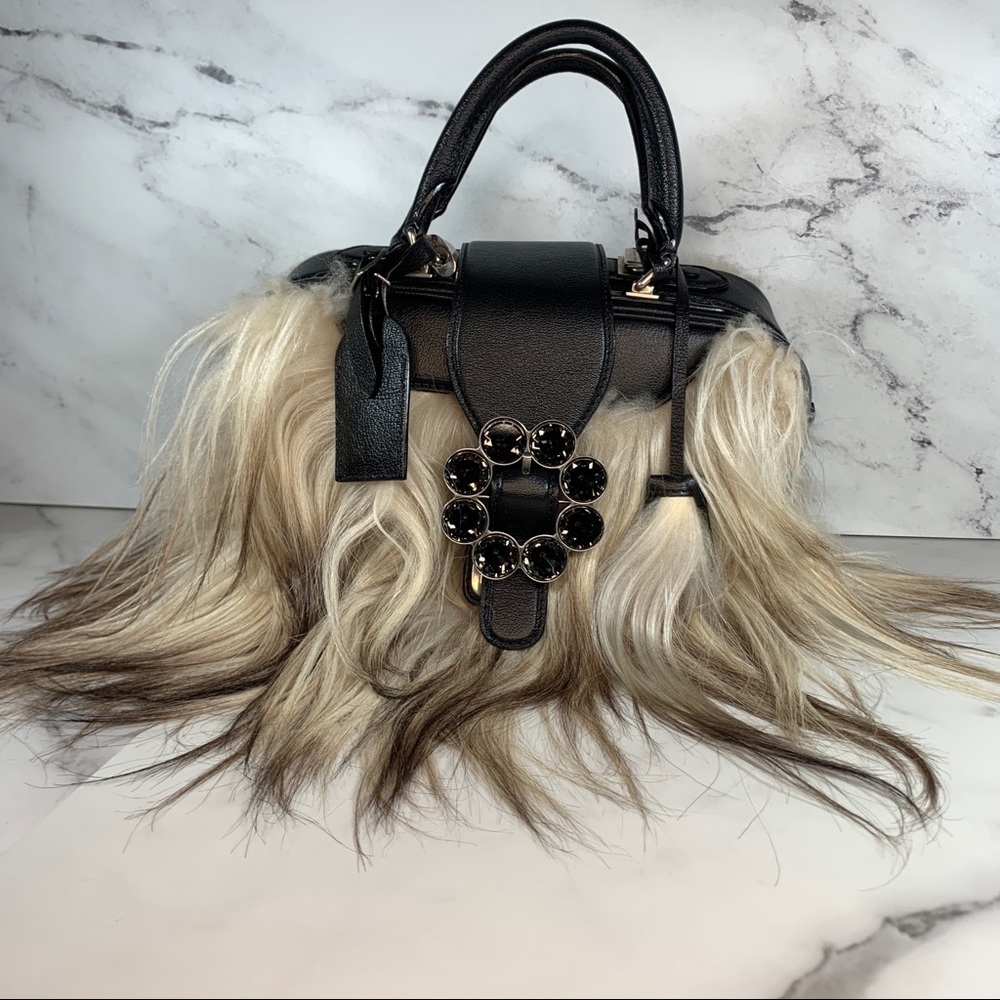 Louis Vuitton Black Leather Top-Handle Tote with Blonde Fur Trim